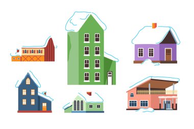 Kar, düz tasarım, beyaz arka planda izole edilmiş, mevsimlik ve tatil temaları için mükemmel kış evlerinin vektör illüstrasyon koleksiyonu.