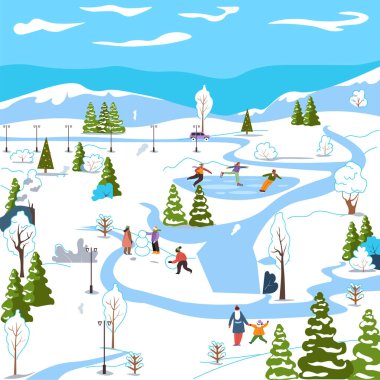 İnsanların buz pateni yaptığı bir kış parkının vektör çizimi, düz tasarım, beyaz arka planda izole edilmiş, mevsimlik ve tatil temaları için mükemmel..