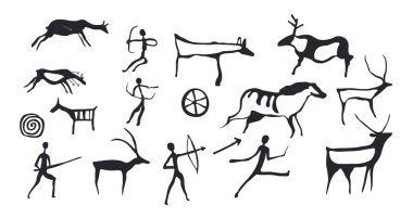 İlkel sanat figürlerinin vektör çizimi, düz stil, beyaz arka planda izole edilmiş, tarihsel ve kültürel temalar için mükemmel..