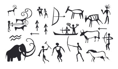 İlkel sanat figürlerinin vektör çizimi, düz stil, beyaz arka planda izole edilmiş, tarihsel ve kültürel temalar için mükemmel..