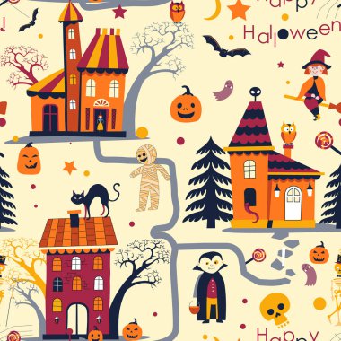 Cadılar Bayramı evlerini, karakterleri ve balkabaklarını oyuncu bir şekilde gösteren kusursuz bir model. Şenlikli dekor ve tekstil tasarımı için mükemmel..