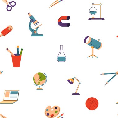 Modern vektör illüstrasyon tarzında çeşitli eğitim malzemelerini içeren kusursuz desenler. Okul ve eğitim materyalleri için ideal.