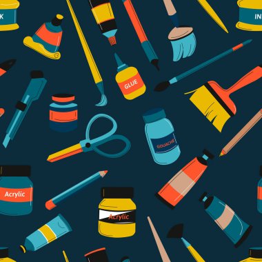 Modern vektör illüstrasyon tarzında çeşitli sanat ekipmanlarıyla kusursuz desen. Yaratıcı ve eğitici temalar için mükemmel.