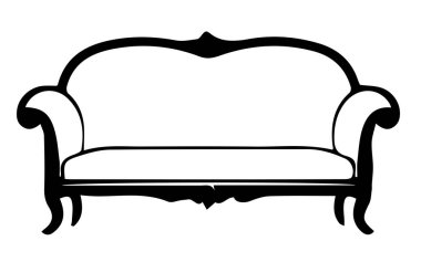 Beyaz arka planda izole edilmiş eski bir kanepe silueti. Vektör illüstrasyonu, iç tasarım projeleri, logolar ve baskılar için ideal.