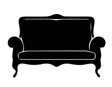 Beyaz arka planda izole edilmiş eski bir kanepe silueti. Vektör illüstrasyonu, iç tasarım projeleri, logolar ve baskılar için ideal.