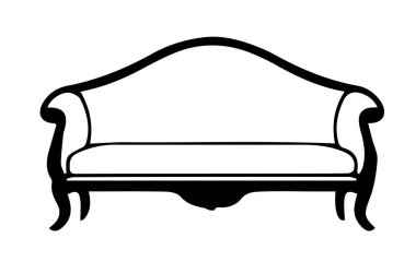 Beyaz arka planda izole edilmiş eski bir kanepe silueti. Vektör illüstrasyonu, iç tasarım projeleri, logolar ve baskılar için ideal.