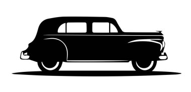 Beyaz arka planda izole edilmiş klasik bir arabanın silueti. Vektör illüstrasyonu, otomotiv tasarımları, baskılar ve logolar için ideal.