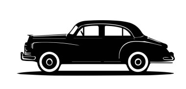 Beyaz arka planda izole edilmiş klasik bir arabanın silueti. Vektör illüstrasyonu, otomotiv tasarımları, baskılar ve logolar için ideal.