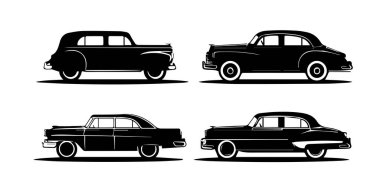 Beyaz arka planda izole edilmiş klasik bir arabanın silueti. Vektör illüstrasyonu, otomotiv tasarımları, baskılar ve logolar için ideal.