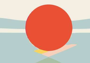 Güneş, deniz ve tepelerle dolu minimalist günbatımı manzarası, temiz bir vektör tarzıyla. Tasarım elemanları ve dekorasyonlar için mükemmel.