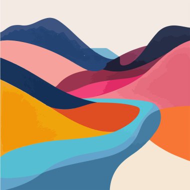 Katmanlı tepeleri olan, çeşitli renklerde, minimalist tarzda soyut bir manzara. Tasarım elemanları ve dekorasyonlar için mükemmel.