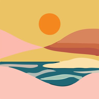 Güneş, deniz ve tepelerle dolu minimalist günbatımı manzarası, temiz bir vektör tarzıyla. Tasarım elemanları ve dekorasyonlar için mükemmel.