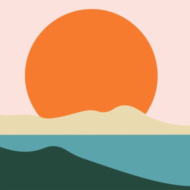 Güneş, deniz ve tepelerle dolu minimalist günbatımı manzarası, temiz bir vektör tarzıyla. Tasarım elemanları ve dekorasyonlar için mükemmel.