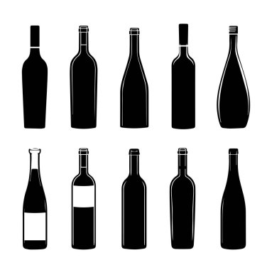 Şarap şişesi silueti koleksiyonu, minimalist tarzda, beyaz arka planda izole edilmiş. Tasarım elemanları ve dekorasyonlar için vektör illüstrasyonu mükemmel.