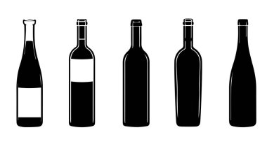 Şarap şişesi silueti koleksiyonu, minimalist tarzda, beyaz arka planda izole edilmiş. Tasarım elemanları ve dekorasyonlar için vektör illüstrasyonu mükemmel.