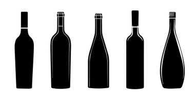 Şarap şişesi silueti koleksiyonu, minimalist tarzda, beyaz arka planda izole edilmiş. Tasarım elemanları ve dekorasyonlar için vektör illüstrasyonu mükemmel.