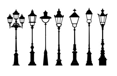 Klasik sokak lambası koleksiyonu, minimalist tarzda, beyaz arka planda izole edilmiş. Tasarım elemanları ve dekorasyonlar için vektör illüstrasyonu mükemmel.