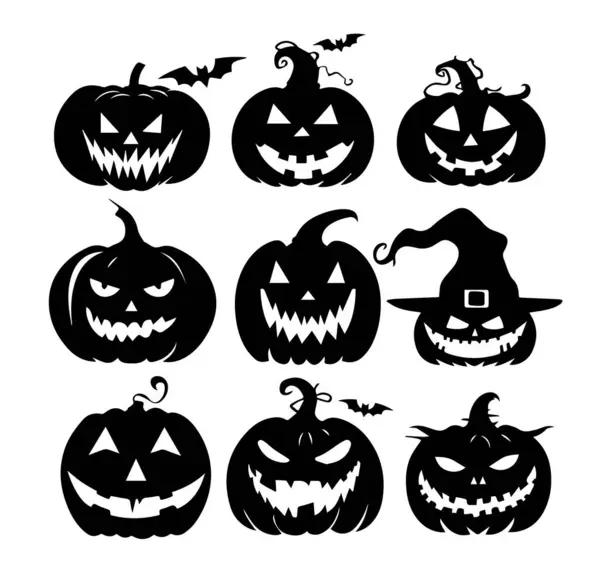 stock vector Collection of spooky pumpkin silhouettes with various expressions, in a Halloween style, isolated on a white background. Vector illustration perfect for Halloween decorations and designs.