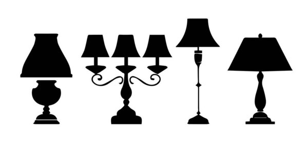 Коллекция старинных настольных ламп силуэтов, в минималистском стиле, изолированных на белом фоне. Векторная иллюстрация идеально подходит для элементов дизайна и декораций.