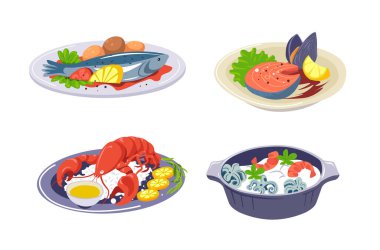 Beyaz bir zemin üzerine izole edilmiş balık, karides ve yengeç de dahil olmak üzere çeşitli deniz ürünlerinin vektör çizimi. Mutfak ve restoran tasarımları için harika..