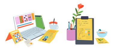 Not defterleri ve kalemler de dahil olmak üzere çeşitli okul malzemelerini ve kırtasiye malzemelerini beyaz arka planda izole eden vektör çizimi. Eğitim ve organizasyon tasarımları için ideal.