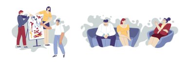 Psikoterapi ve danışmanlık seansının temsili, terapist ve hastaların konuştuklarını gösteren, beyaz bir arka planda izole edilmiş. Akıl sağlığı ve sağlık tasarımları için mükemmel..