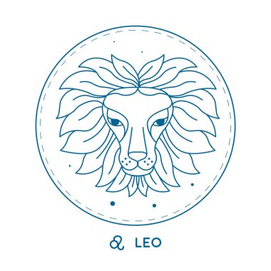 Leo Zodiac işareti, beyaz arka planda izole edilmiş, minimalist çizgi sanatı tarzında bir daire şeklinde aslan başlı sembol. Vektör illüstrasyonu.