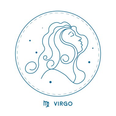 Beyaz arka planda izole edilmiş bir kadın profili içeren Başak burcunun minimalist vektör çizimi. Astrolojik tasarımlar, burçlar ve burç temalı projeler için ideal..