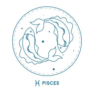 Balık burcunun tabela çizimi minimalist tarzdadır. Beyaz arkaplanda vektör çizimi izole edildi. Yıldız falı tasarımları ve astroloji projeleri için ideal.