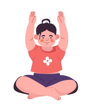 Yoga yapan kız şirin ve düz bir şekilde poz veriyor. Beyaz arkaplanda vektör çizimi izole edildi. Fitness ve refah tasarımları için harika..