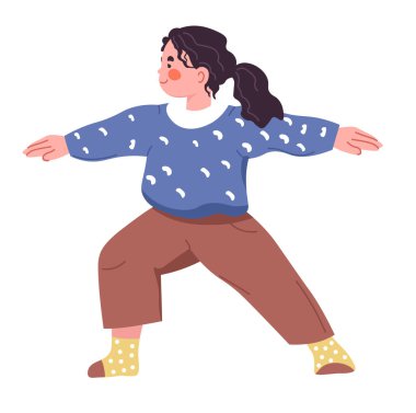 Savaşçı yoga pozu veren bir kız, oyuncu bir çizgi film tarzıyla tasvir edilmiş. Beyaz arkaplanda izole edilmiş vektör illüstrasyonu. Yoga ve zindelik görselleri için ideal.