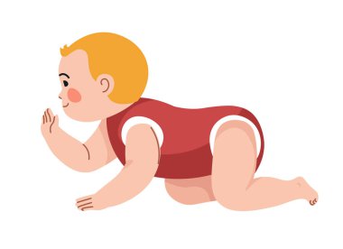 Beyaz arka planda izole bir şekilde yerde sürünen bir bebeğin vektör çizimi. Bebek ürünleri, gelişim materyalleri ve çocuk bakımı tasarımları için mükemmel.
