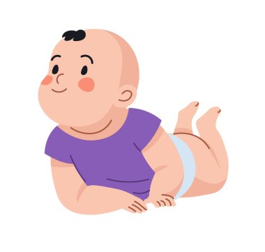 Beyaz arka planda izole bir şekilde yerde sürünen bir bebeğin vektör çizimi. Bebek ürünleri, gelişim materyalleri ve çocuk bakımı tasarımları için mükemmel.