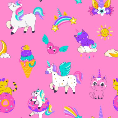 Şirin tek boynuzlu atların, dondurmaların, gökkuşaklarının ve kalplerin kusursuz deseni, vektör illüstrasyonu. Çocuk ürünleri, duvar kağıtları ve tekstil ürünleri için ideal.
