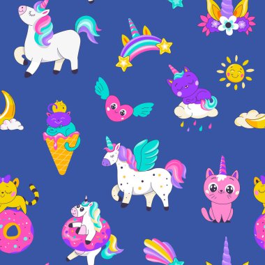 Tek boynuzlu atların kusursuz deseni, dondurmalar, gökkuşağı ve mavi arka plandaki kalpler, vektör illüstrasyonu. Çocuk ürünleri, duvar kağıtları ve tekstil için mükemmel..