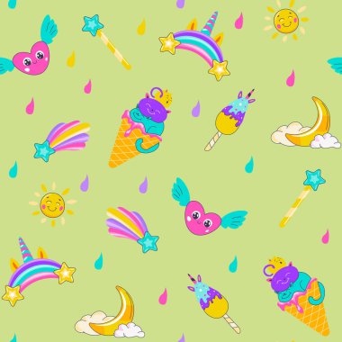 Şirin tek boynuzlu atların, dondurmaların, gökkuşaklarının ve kalplerin kusursuz deseni, vektör illüstrasyonu. Çocuk ürünleri, duvar kağıtları ve tekstil ürünleri için ideal.