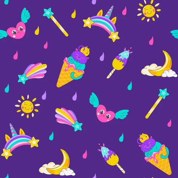 stock vector Seamless pattern of cute unicorns, ice creams, rainbows, and hearts, vector illustration. Ideal for childrens products, wallpapers, and textiles.