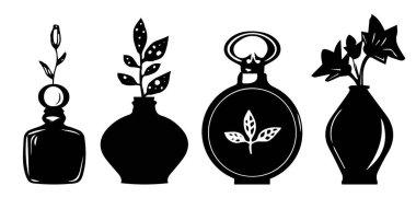 Beyaz arka planda izole edilmiş, minimalist tarzda zarif parfüm şişelerinin siyah beyaz çizimi. Kozmetik ve güzellik ürünleri için vektör illüstrasyonu ideal.