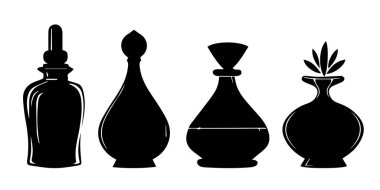 Beyaz arka planda izole edilmiş, modern tarzda siyah beyaz parfüm şişeleri. Moda ve güzellik tasarımları için uygun vektör illüstrasyonu.