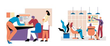 Çizelge ve sunumlarla fikirler üreten bir tasarım ekibinin tasviri, canlı karikatür tarzı, beyaz arka planda izole edilmiş. Vektör illüstrasyonu.