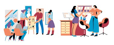 Bilgisayar ekranlarındaki veri raporlarını analiz eden ofis çalışanlarının vektör çizimi. Düz stil vektör çizimi, beyaz arkaplanda izole edilmiş. İş ve veri analizi temaları için mükemmel.