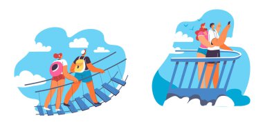 Köprüde manzaralı selfie çeken turistlerin vektör çizimi. Düz stil vektör çizimi, beyaz arkaplanda izole edilmiş. Seyahat ve gezi temaları için ideal.