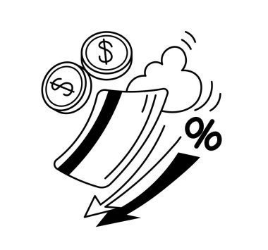 Beyaz arkaplanda izole edilmiş, madeni paralı ve yüzde işaretli bir kredi kartının vektör illüstrasyonu.