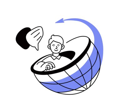 Küresel olarak internetten iletişim kuran bir adam. Modern ve düz bir şekilde küresel çapta sohbet baloncuklarıyla resmedilmiş. Vektör illüstrasyonu beyaz arkaplanda izole edildi.