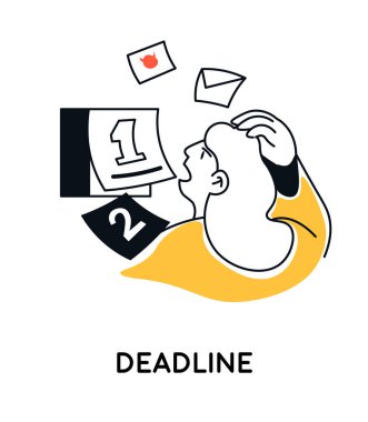 Takvim ve tebligatlarla son teslim tarihlerini yöneten birini tasvir etmek. İş ve verimlilik temaları için ideal. Vektör illüstrasyonu.