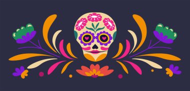 Dia de los Muertos 'a uygun renkli elementlerle süslenmiş bir çiçek kafatasının vektör çizimi ve koyu arkaplanda şenlik tasarımları..