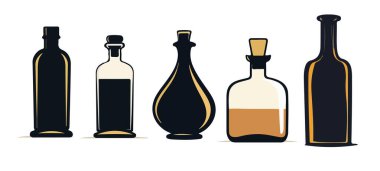 Çeşitli şekil ve boyutlarda eski şişelerin renkli çizimi. Vektör illüstrasyonu.