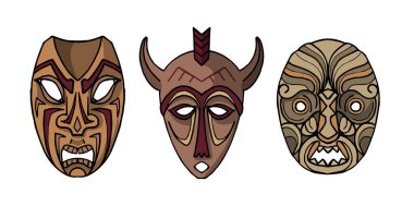 Detaylı desenleri ve renkleri olan üç kabile maskesinin vektör çizimi. Beyaz arkaplanda izole.