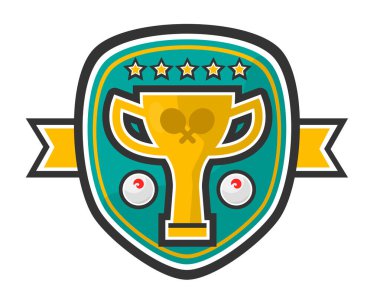 Masa tenisi şampiyonluğu rozeti ve kupa ve küreklerin vektör çizimi. Beyaz arkaplanda izole.