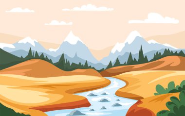 Karla kaplı tepeleri ve akan bir nehri olan manzaralı bir nehir vadisi tasviri. Vektör manzara çizimi.